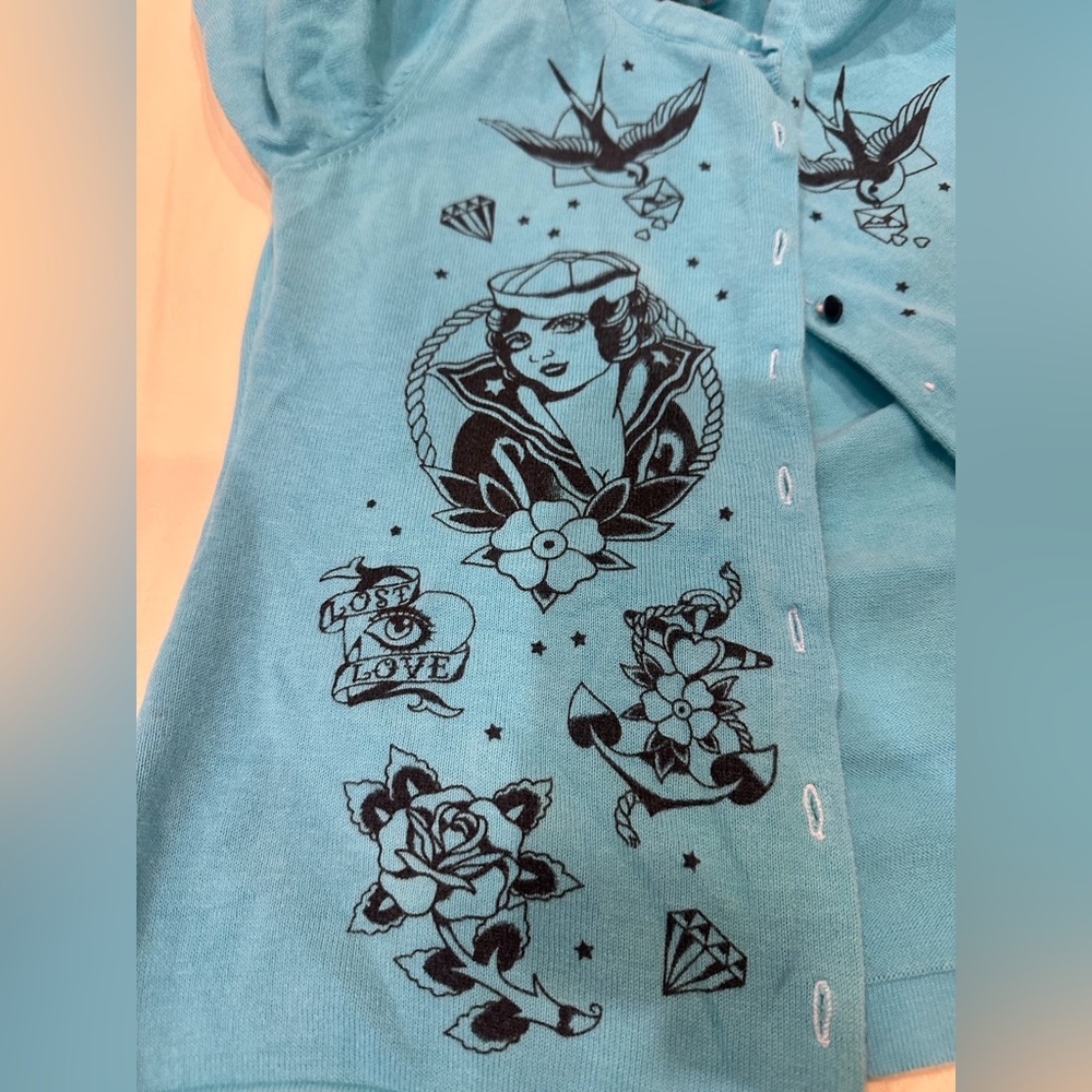 Sourpuss Turquoise Blue Graphic Button-Up Cardigan - Picture 8 of 14